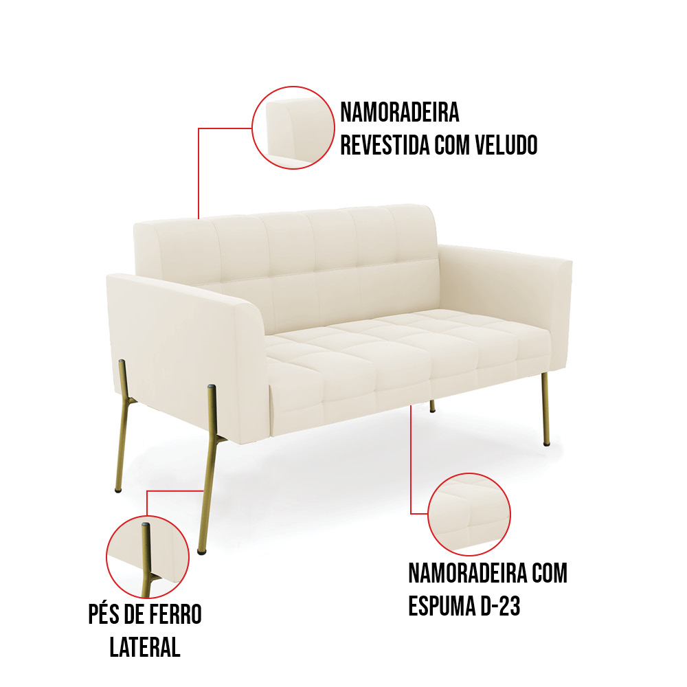 Sofá Namoradeira e 2 Poltronas Pé de Ferro Dourado Elisa Veludo Bege D03 - D'Rossi