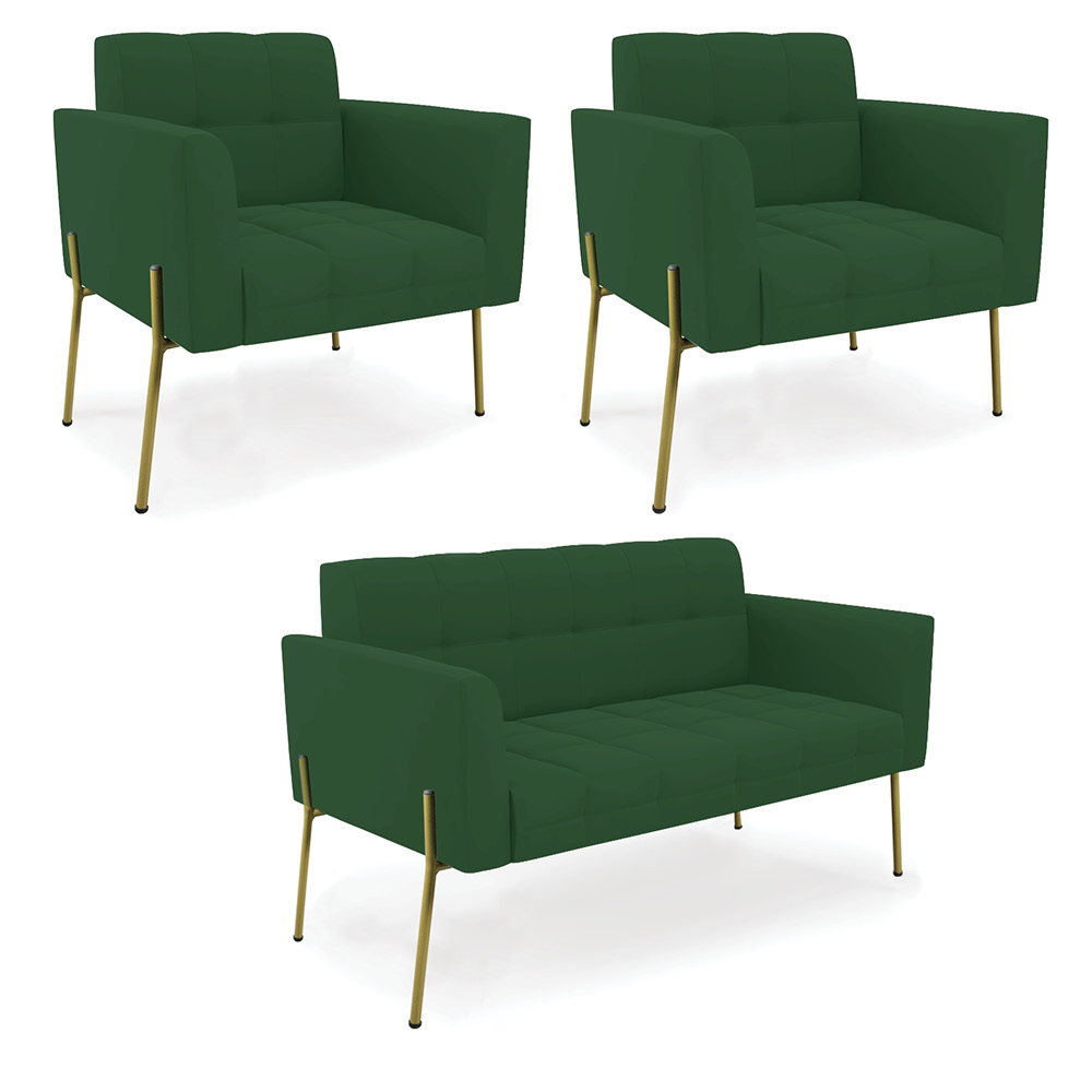 Sofá Namoradeira e 2 Poltronas Pé de Ferro Dourado Elisa Veludo Verde D03 - D'Rossi