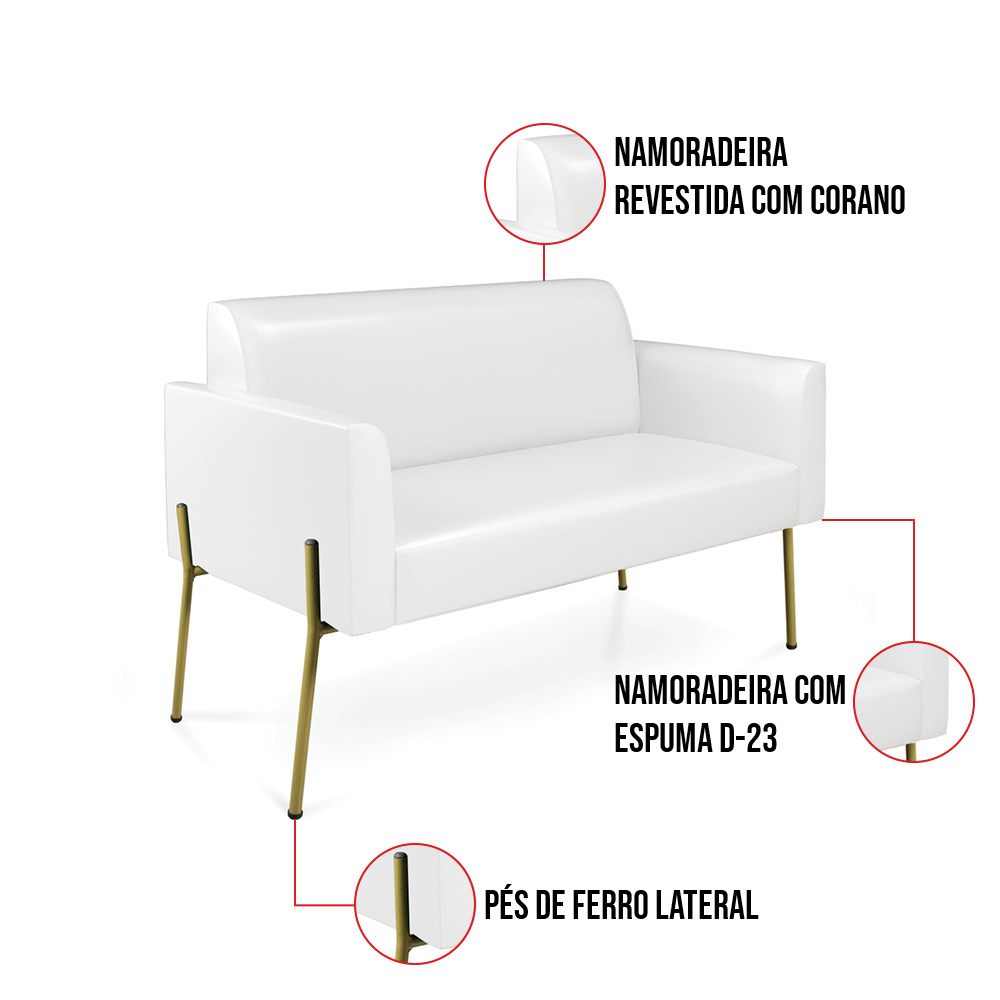 Sofá Namoradeira e 2 Poltronas Pé de Ferro Dourado Marisa Corano Branco D03 - D'Rossi