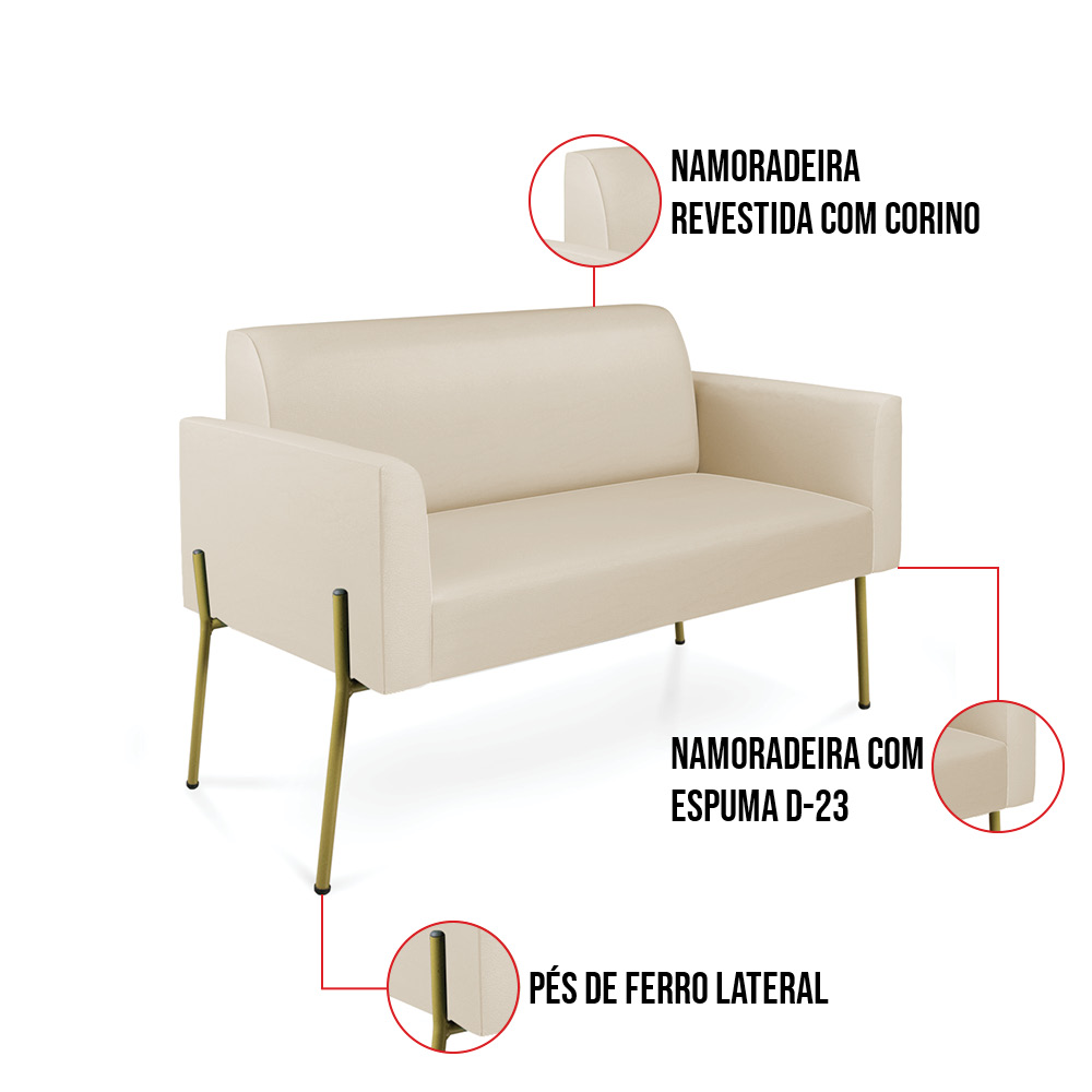 Sofá Namoradeira e 2 Poltronas Pé de Ferro Dourado Marisa Corino Bege D03 - D'Rossi