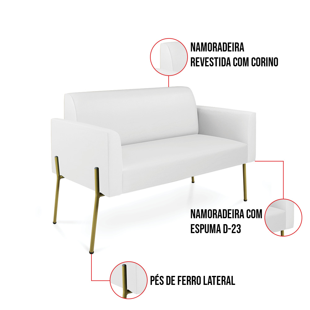 Sofá Namoradeira e 2 Poltronas Pé de Ferro Dourado Marisa Corino Branco D03 - D'Rossi