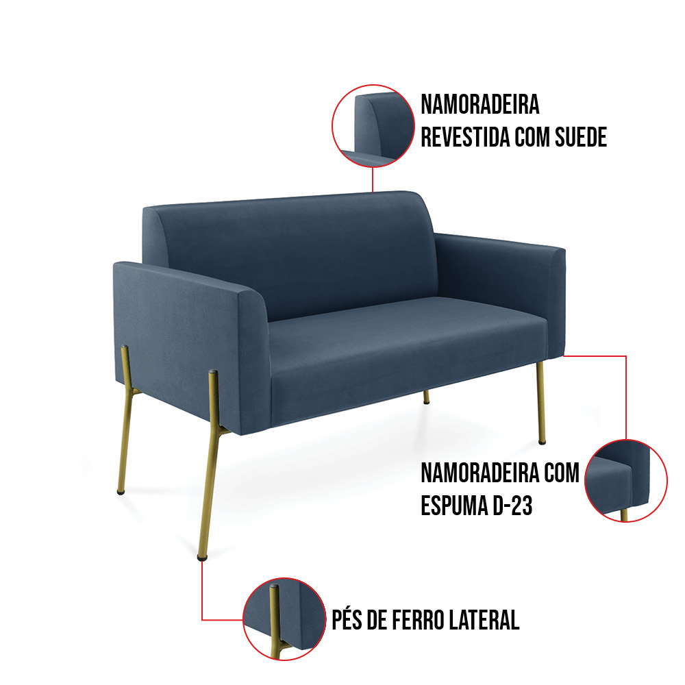 Sofá Namoradeira e 2 Poltronas Pé de Ferro Dourado Marisa Suede Azul Marinho D03 - D'Rossi
