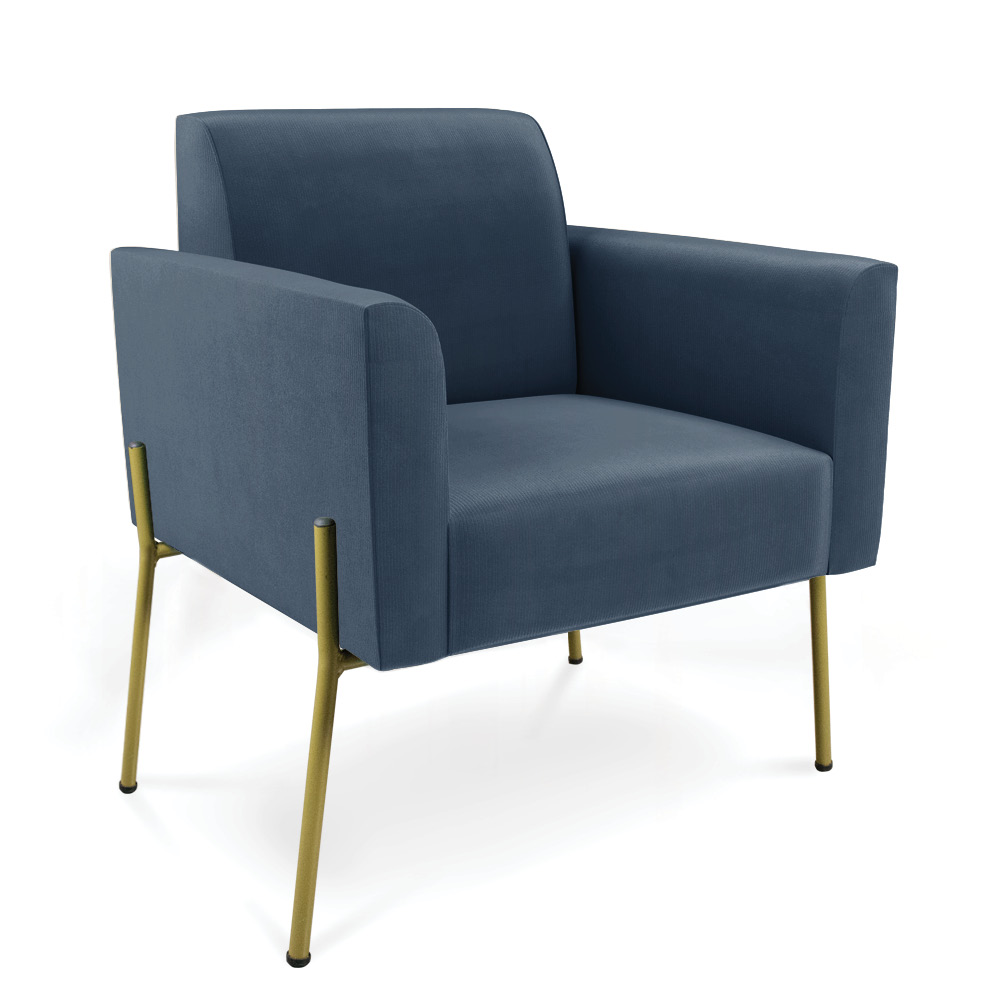 Sofá Namoradeira e 2 Poltronas Pé de Ferro Dourado Marisa Suede Azul Marinho D03 - D'Rossi