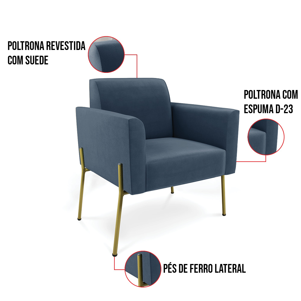 Sofá Namoradeira e 2 Poltronas Pé de Ferro Dourado Marisa Suede Azul Marinho D03 - D'Rossi