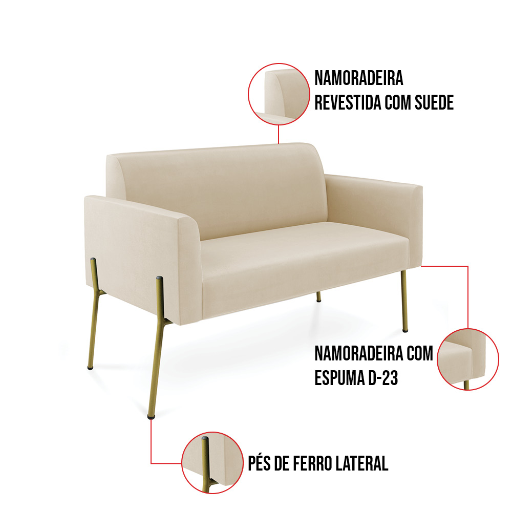 Sofá Namoradeira e 2 Poltronas Pé de Ferro Dourado Marisa Suede Bege D03 - D'Rossi