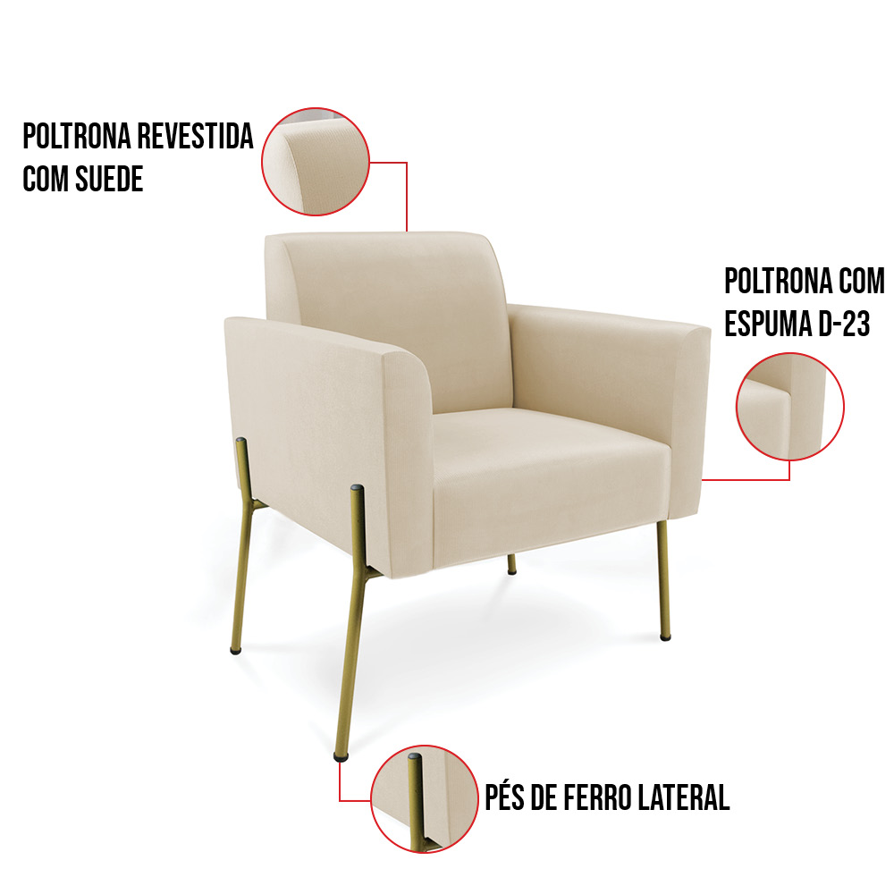 Sofá Namoradeira e 2 Poltronas Pé de Ferro Dourado Marisa Suede Bege D03 - D'Rossi