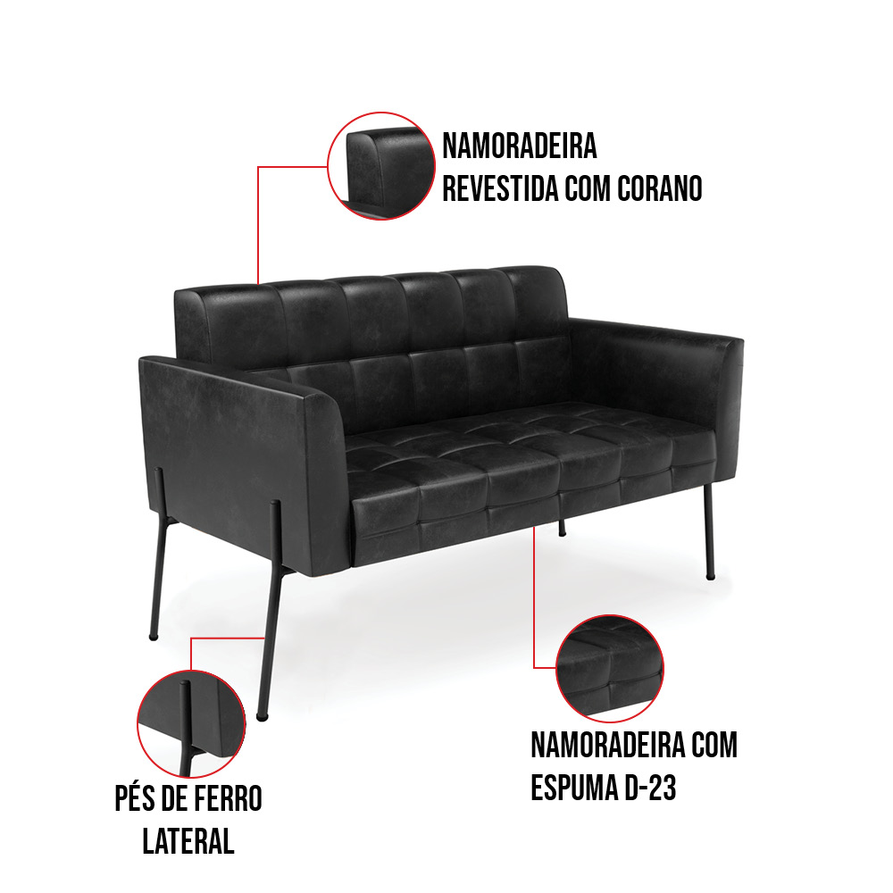 Sofá Namoradeira e 2 Poltronas Pé de Ferro Preto Elisa Corano Preto D03 - D'Rossi