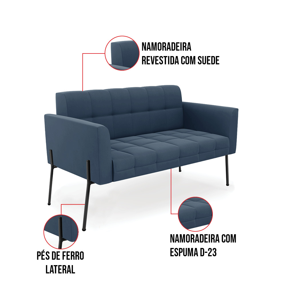 Sofá Namoradeira e 2 Poltronas Pé de Ferro Preto Elisa Suede Azul Marinho D03 - D'Rossi