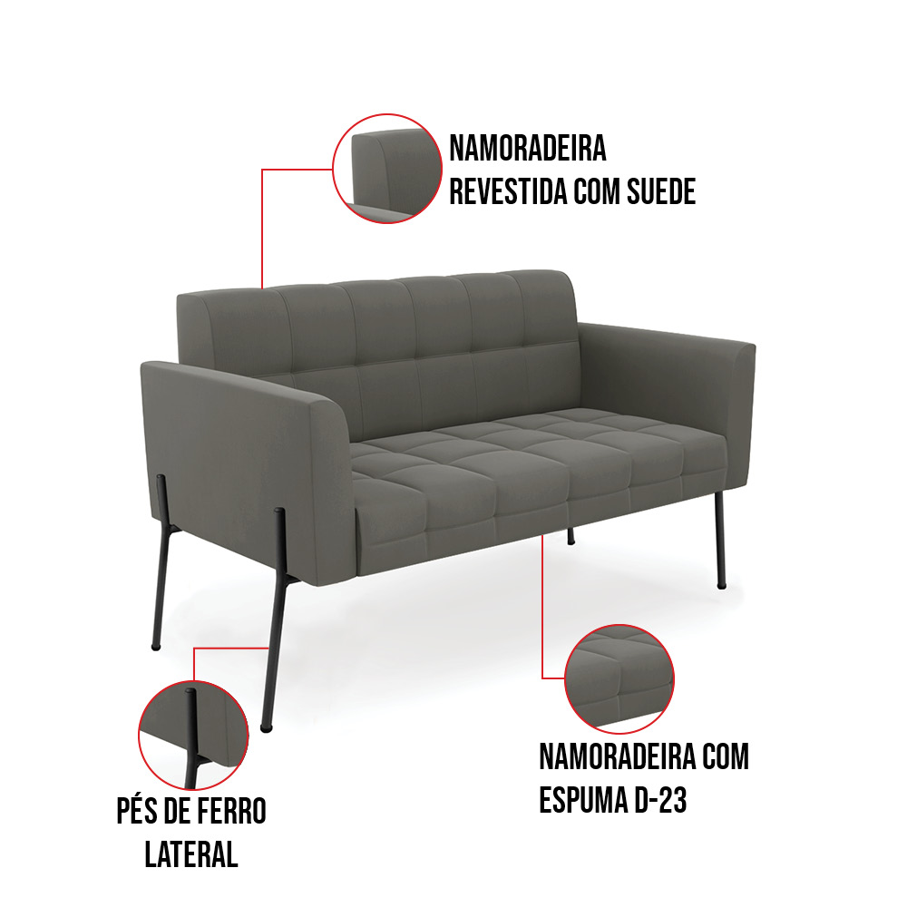 Sofá Namoradeira e 2 Poltronas Pé de Ferro Preto Elisa Suede Grafite D03 - D'Rossi