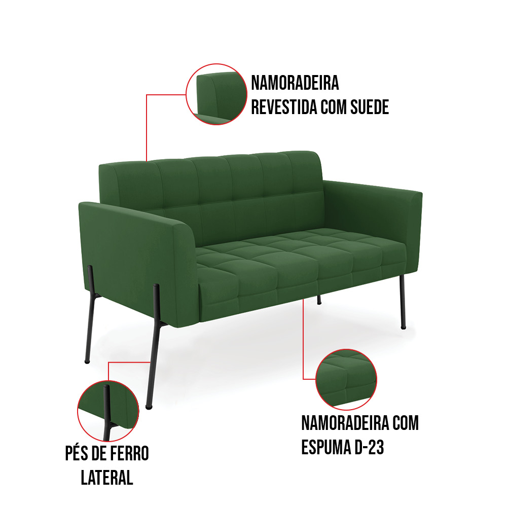 Sofá Namoradeira e 2 Poltronas Pé de Ferro Preto Elisa Suede Verde D03 - D'Rossi