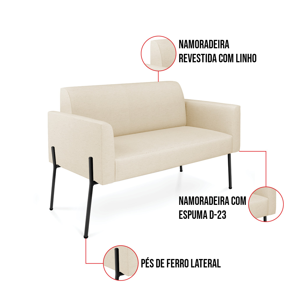 Sofá Namoradeira e 2 Poltronas Pé de Ferro Preto Marisa Linho Bege D03 - D'Rossi