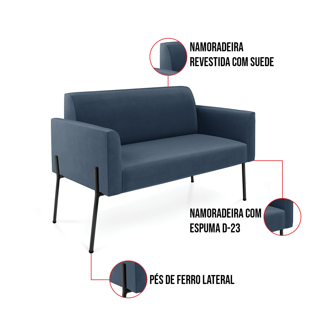 Sofá Namoradeira e 2 Poltronas Pé de Ferro Preto Marisa Suede Azul Marinho D03 - D'Rossi