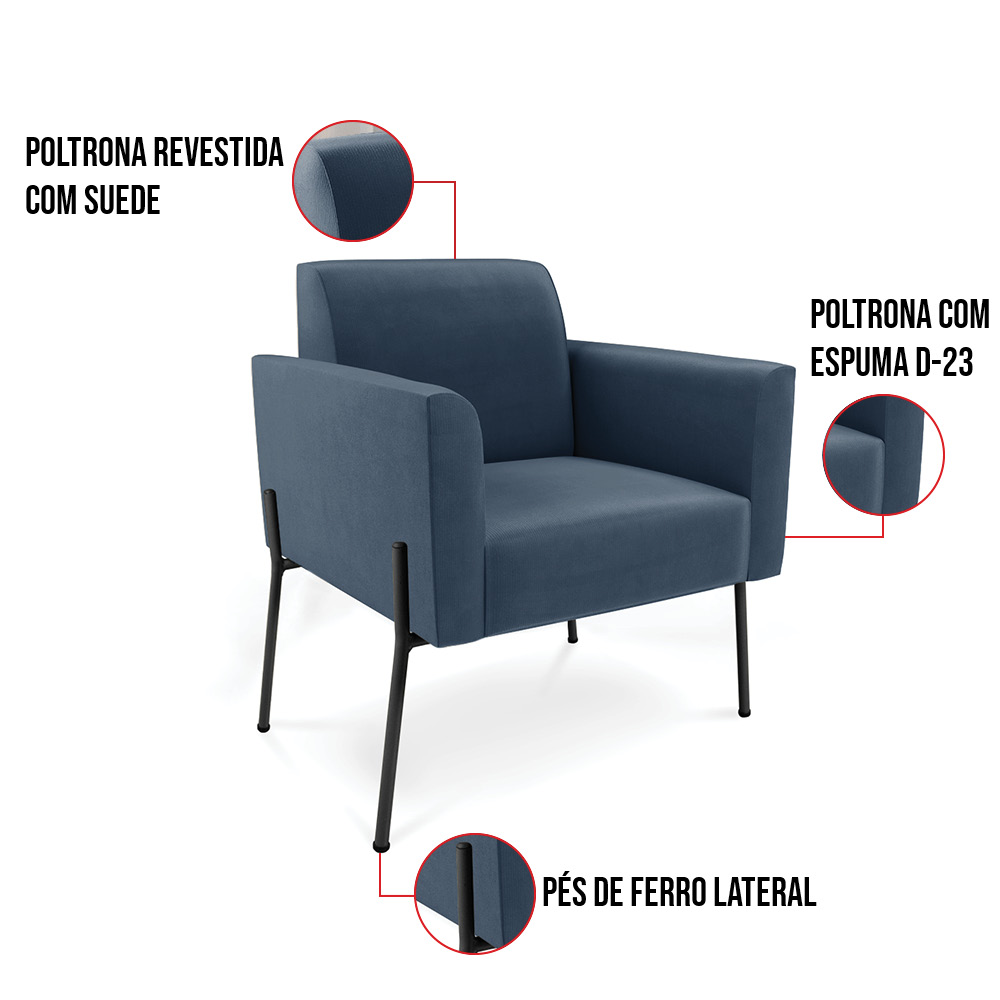 Sofá Namoradeira e 2 Poltronas Pé de Ferro Preto Marisa Suede Azul Marinho D03 - D'Rossi