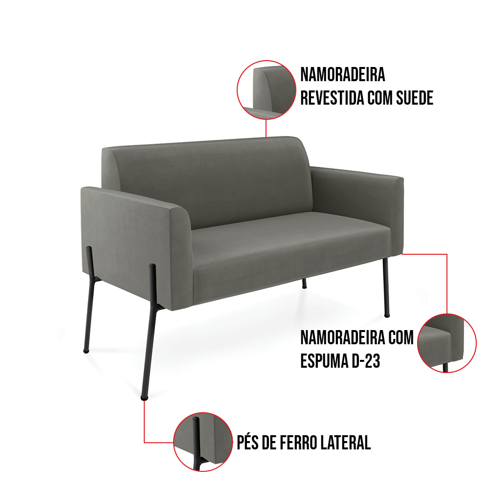 Sofá Namoradeira e 2 Poltronas Pé de Ferro Preto Marisa Suede Grafite D03 - D'Rossi