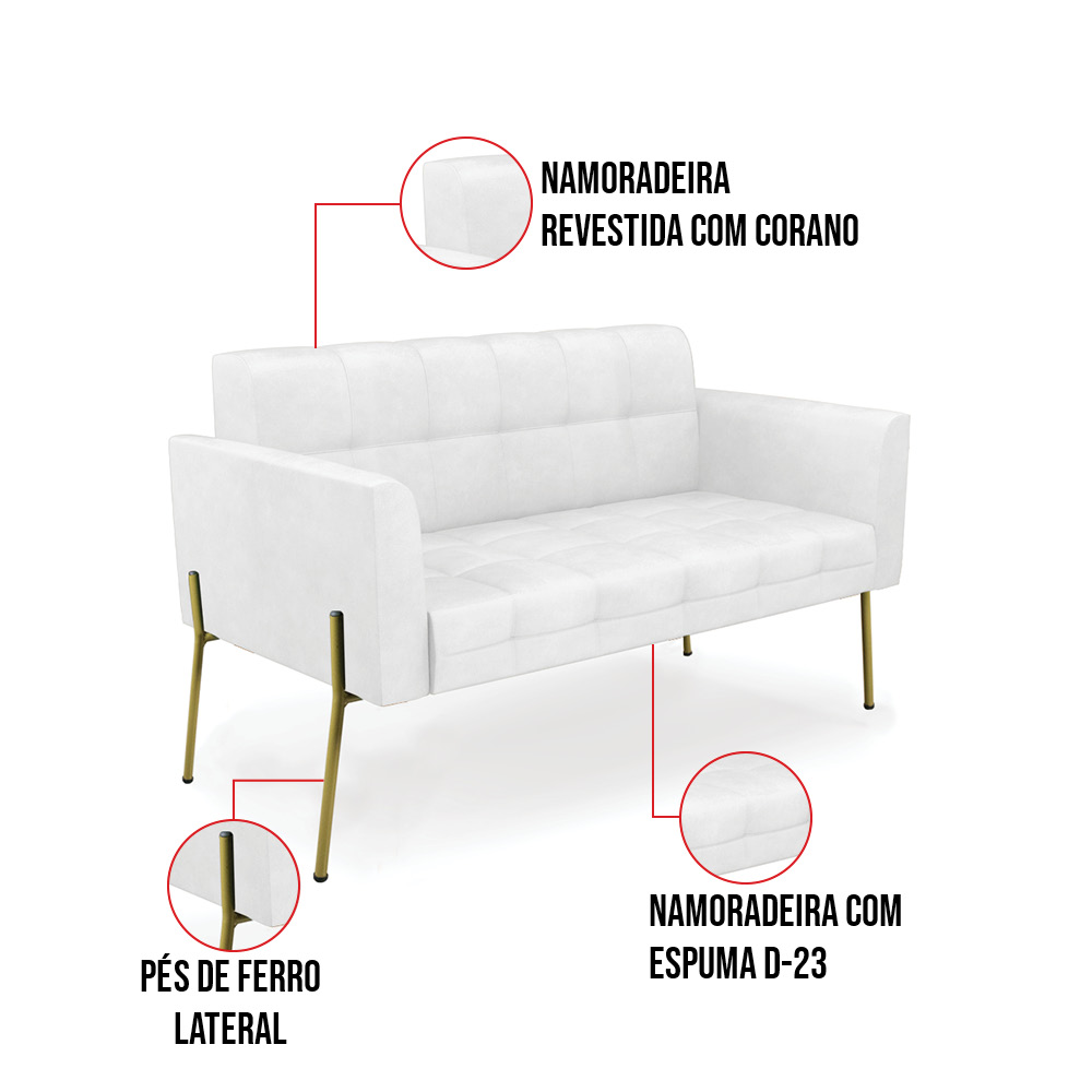 Sofá Namoradeira e Poltrona Base Pé de Ferro Dourado Elisa Corano Branco D03 - D'Rossi