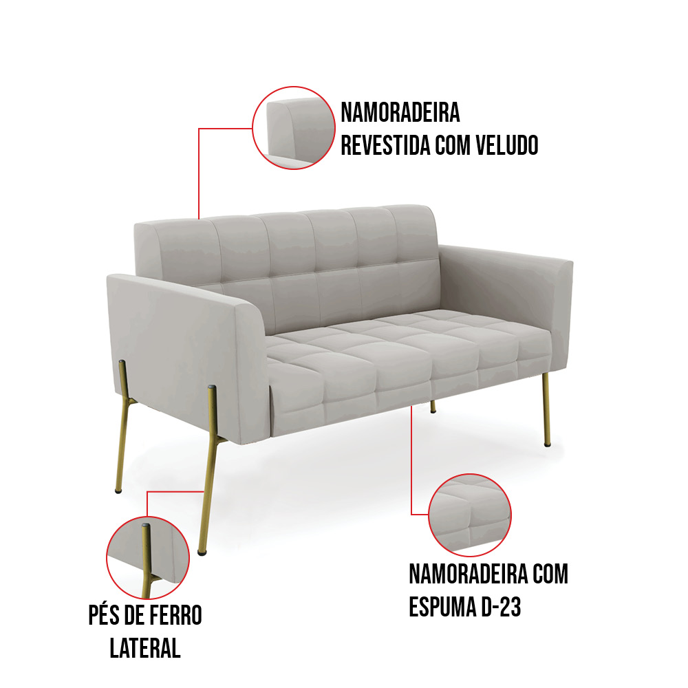 Sofá Namoradeira e Poltrona Base Pé de Ferro Dourado Elisa Veludo Cinza D03 - D'Rossi