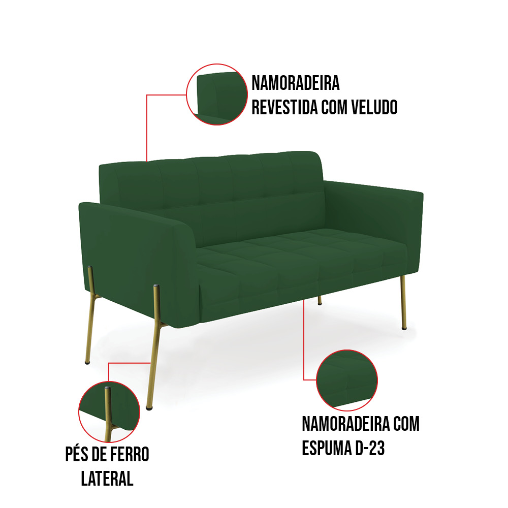 Sofá Namoradeira e Poltrona Base Pé de Ferro Dourado Elisa Veludo Verde D03 - D'Rossi
