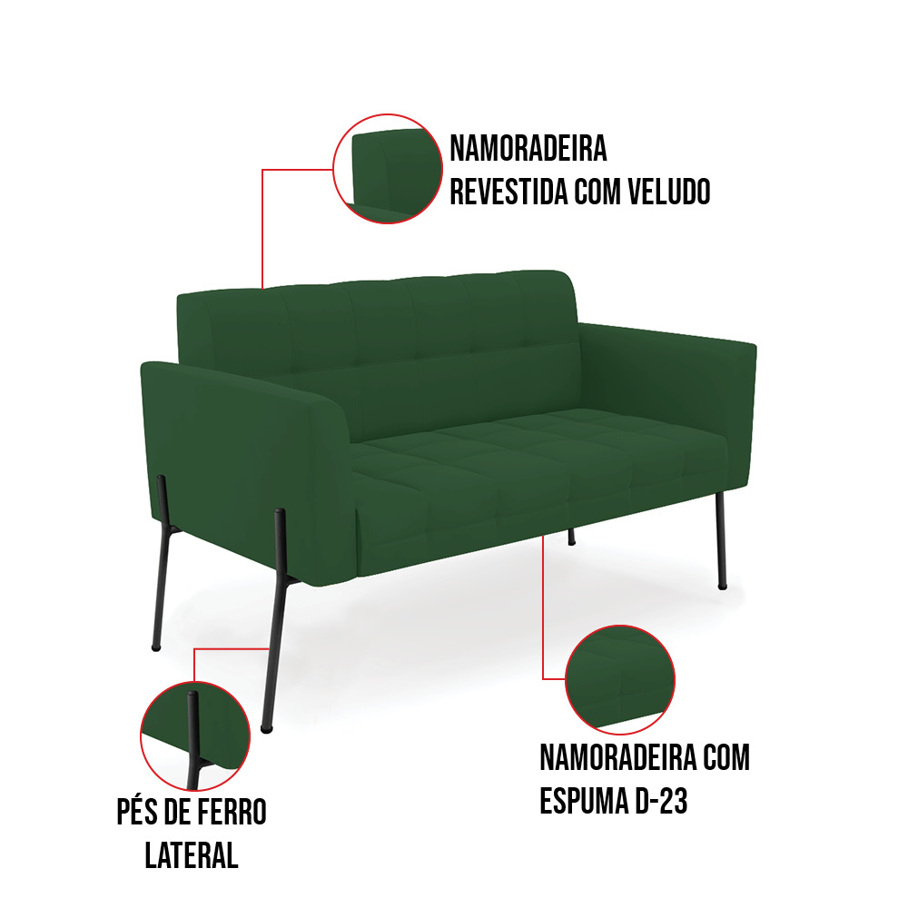 Sofá Namoradeira e Poltrona Base Pé de Ferro Preto Elisa Veludo Verde D03 - D'Rossi