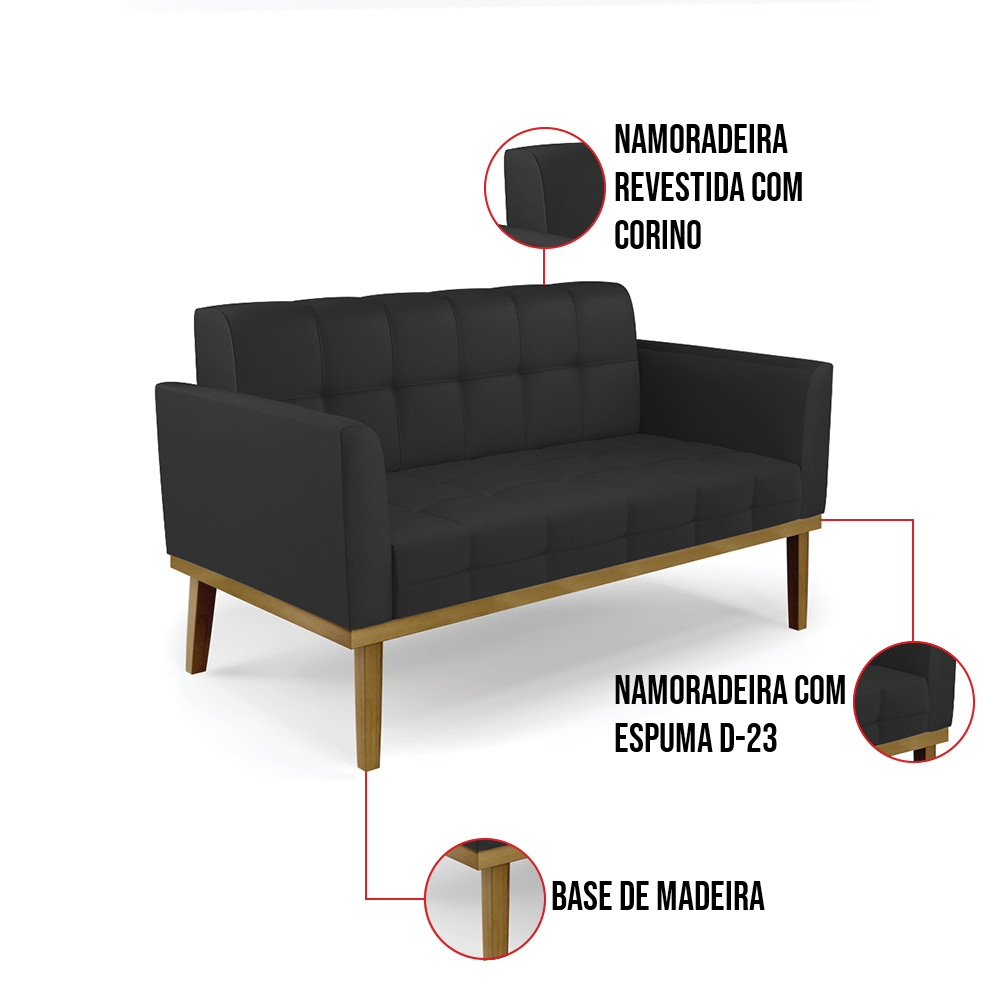 Sofá Namoradeira e Poltrona Base de Madeira Castanho Elisa Corino Preto D03 - D'Rossi