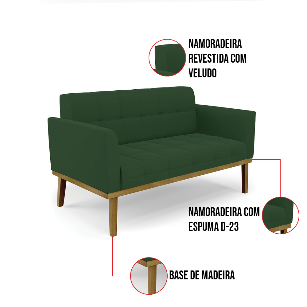 Sofá Namoradeira e Poltrona Base de Madeira Castanho Elisa Veludo Verde D03 - D'Rossi