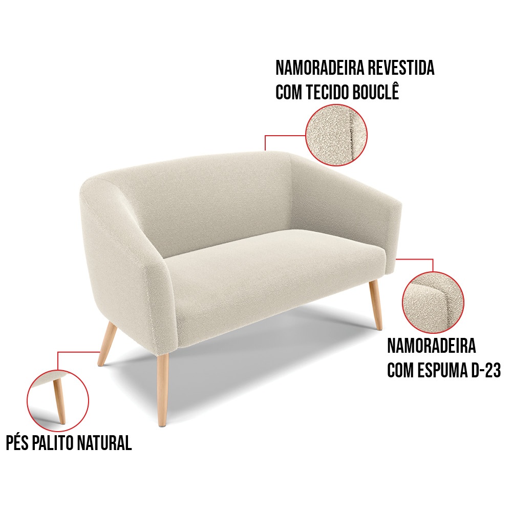 Sofá Namoradeira e Poltrona Pé Palito Natural Stella Bouclê Bege D03 - D'Rossi