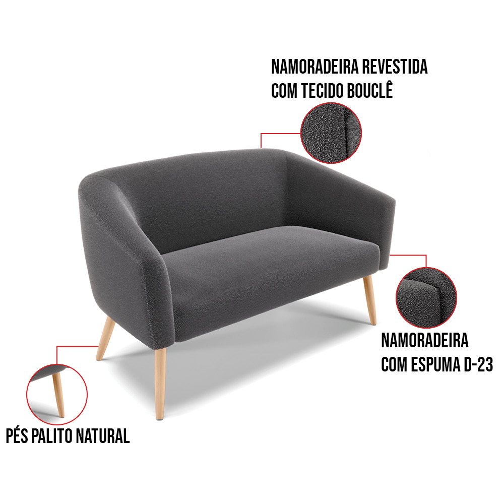 Sofá Namoradeira e Poltrona Pé Palito Natural Stella Bouclê Grafit D03 - D'Rossi