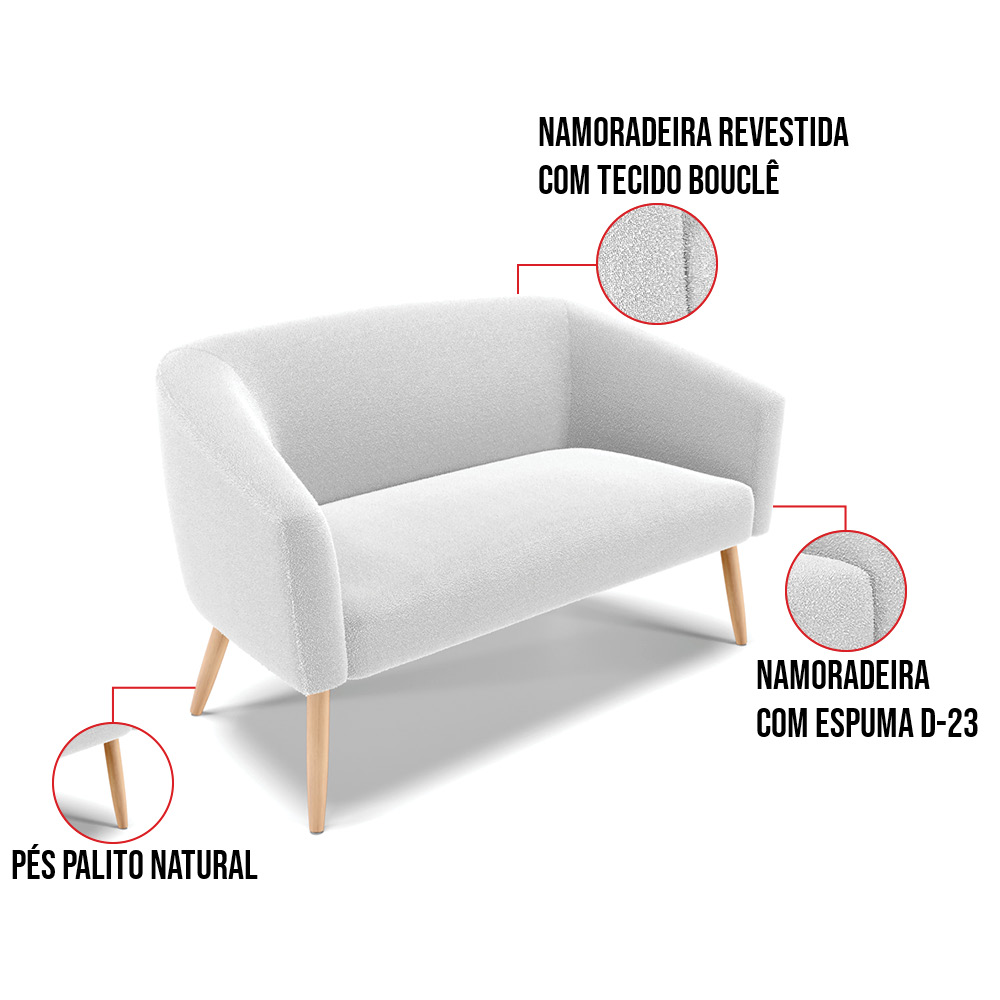 Sofá Namoradeira e Poltrona Pé Palito Natural Stella Bouclê Off Wte D03 - D'Rossi