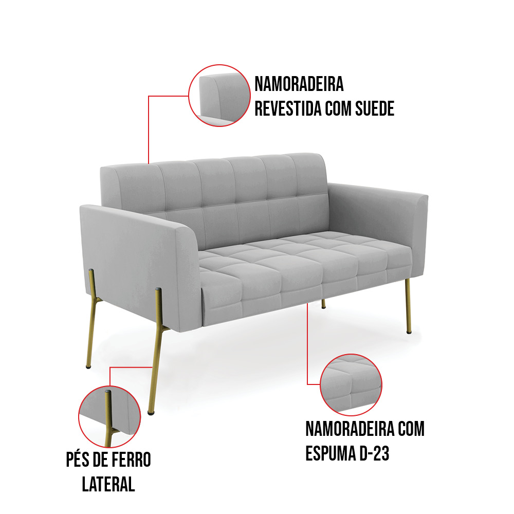 Sofá Namoradeira e Poltrona Pé de Ferro Dourado Elisa Suede Cinza D03 - D'Rossi