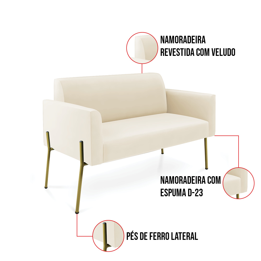 Sofá Namoradeira e Poltrona Pé de Ferro Dourado Salão Marisa Veludo Bege D03 - D'Rossi
