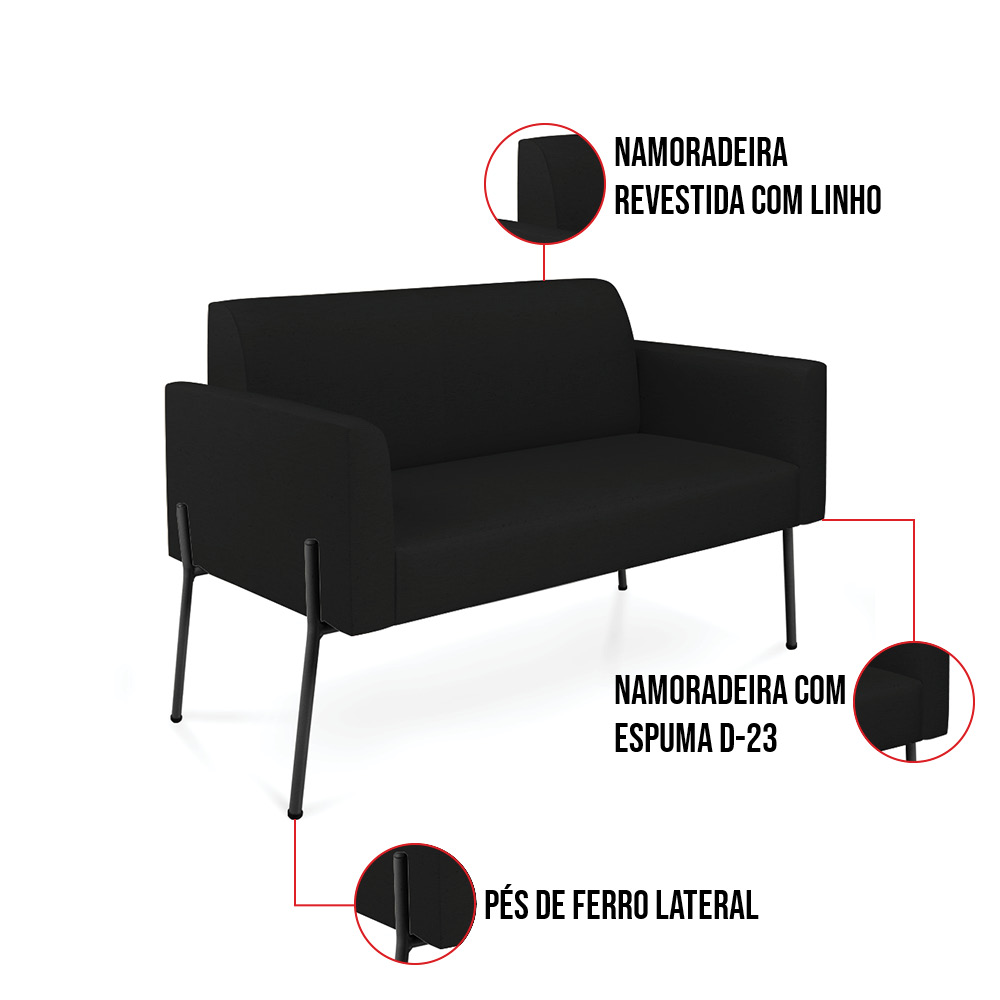 Sofá Namoradeira e Poltrona Pé de Ferro Preto Marisa Linho Preto D03 - D'Rossi