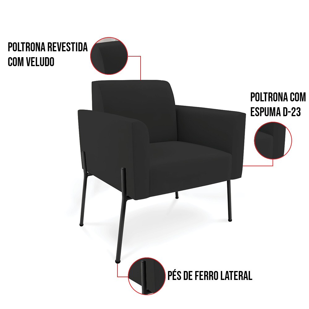 Sofá Namoradeira e Poltrona Pé de Ferro Preto Marisa Veludo Preto D03 - D'Rossi