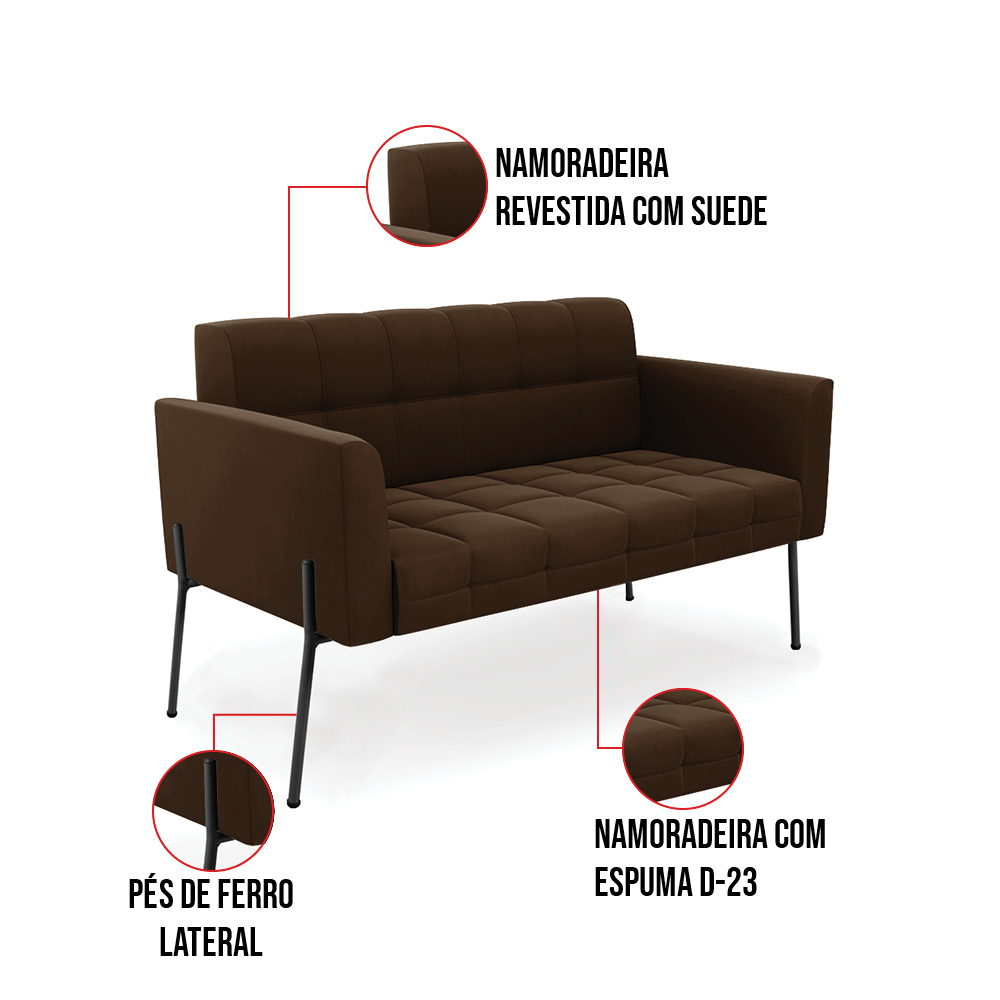 Sofá Namoradeira e Poltrona Pé de Ferro Preto para Sala Elisa Suede Marrom D03 - D'Rossi