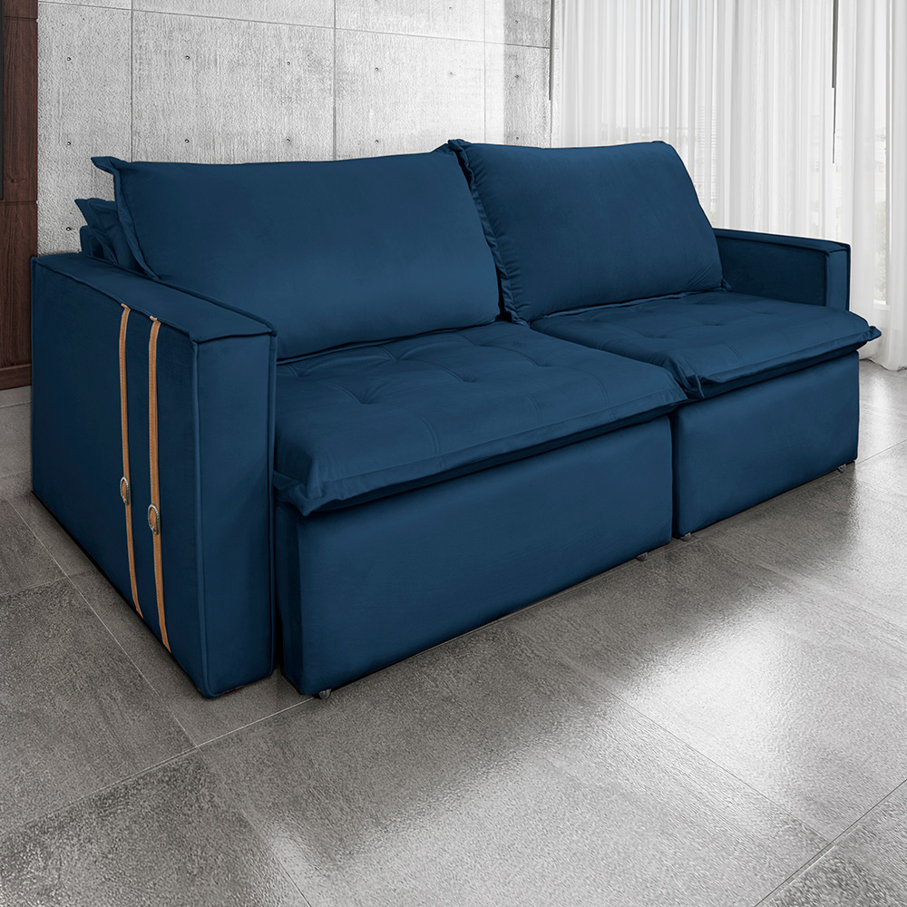 Sofá Retrátil Reclinável 2 lugares 180 cm México Veludo Azul Marinho K01 - D'Rossi