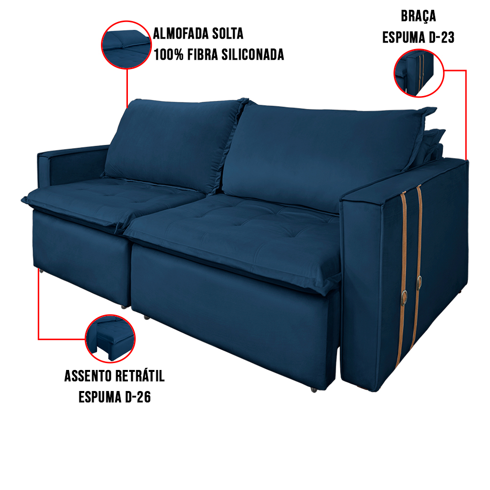 Sofá Retrátil Reclinável 2 lugares 180 cm México Veludo Azul Marinho K01 - D'Rossi