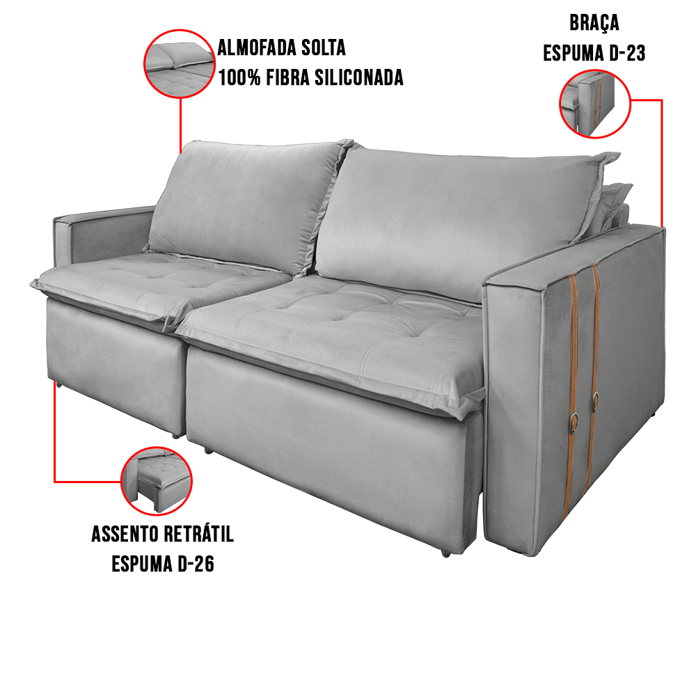 Sofá Retrátil Reclinável 2 lugares 180 cm México Veludo Cinza K01 - D'Rossi