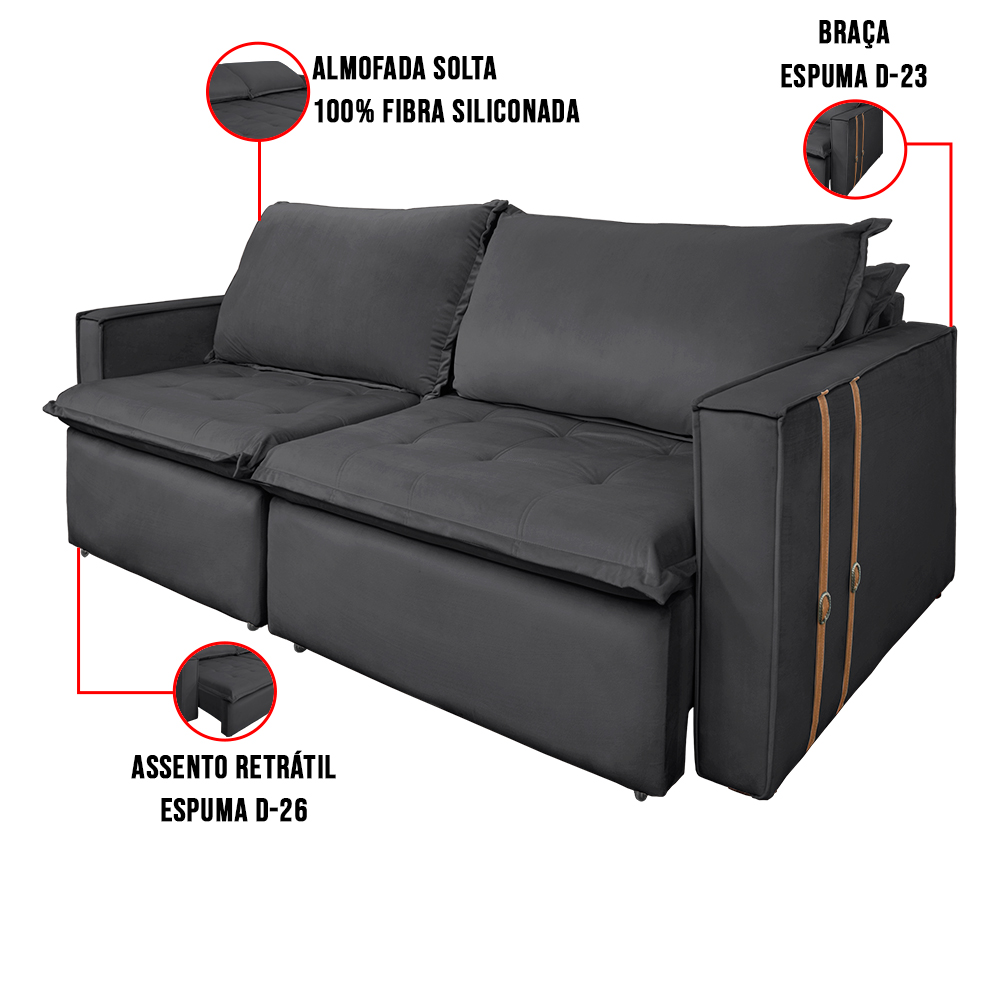 Sofá Retrátil Reclinável 2 lugares 180 cm México Veludo Grafite K01 - D'Rossi