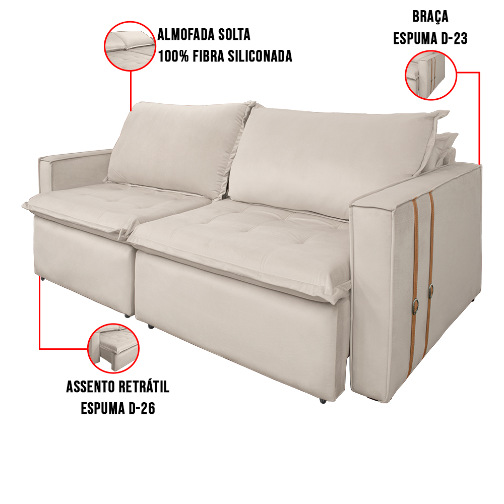 Sofá Retrátil Reclinável 2 lugares 180 cm México Veludo Off White K01 - D'Rossi