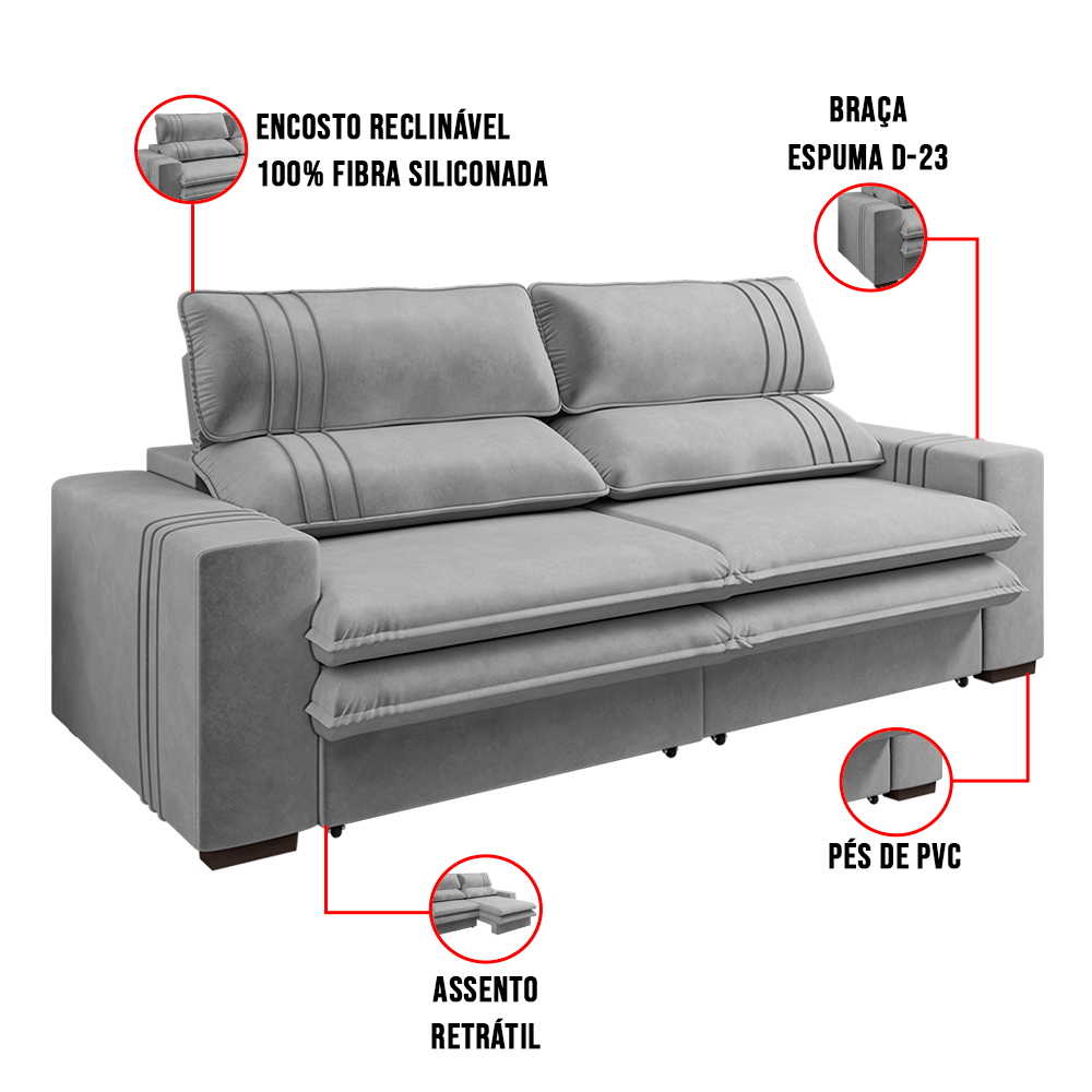 Sofá Retrátil Reclinável 3 lugares 230 cm Jamaica Veludo Cinza K01 - D'Rossi
