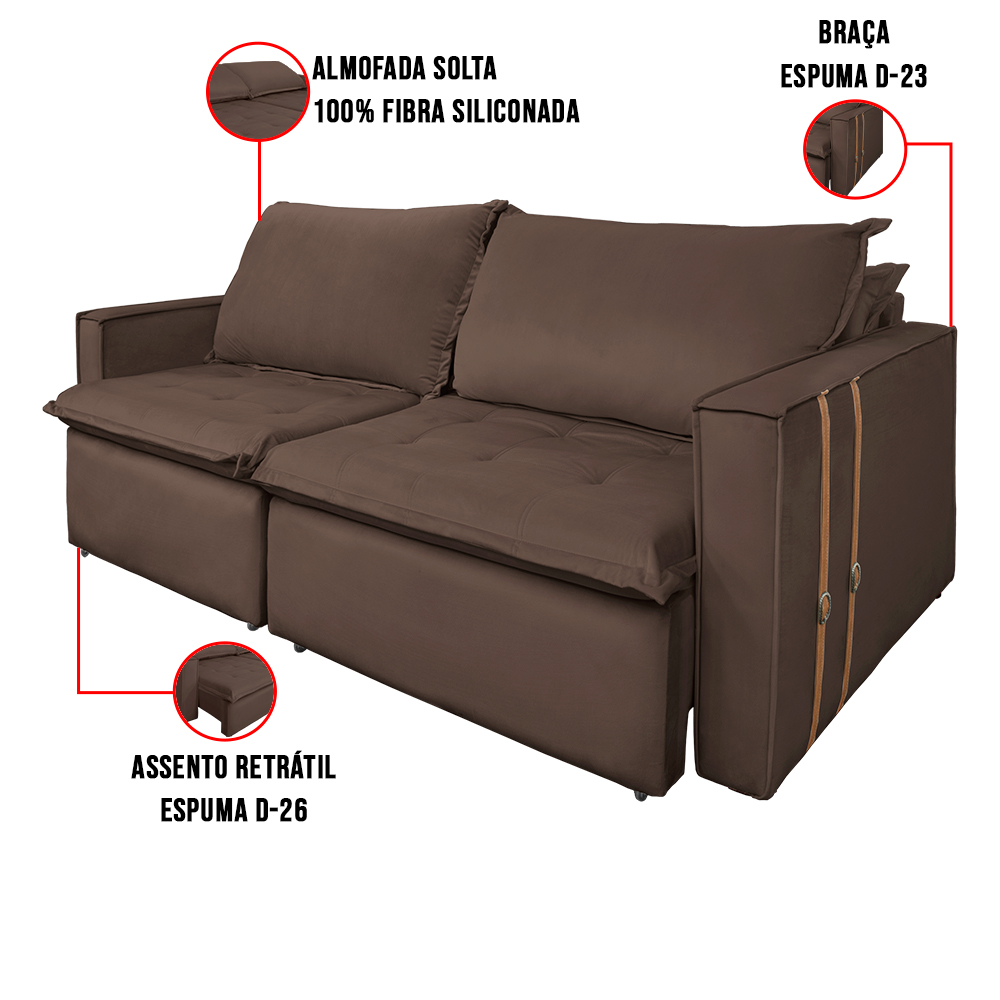 Sofá Retrátil Reclinável 4 Lugares 270 cm México Veludo Marrom K01 - D'Rossi