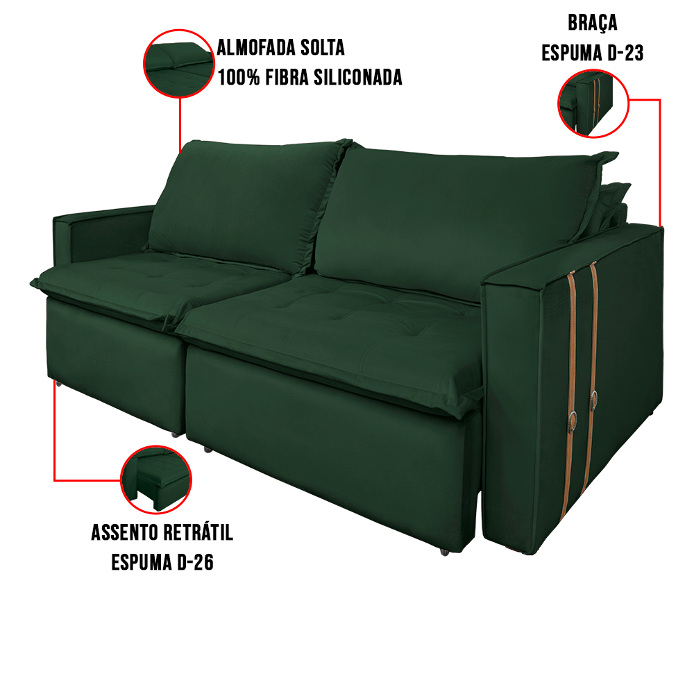 Sofá Retrátil Reclinável 4 Lugares 270 cm México Veludo Verde K01 - D'Rossi