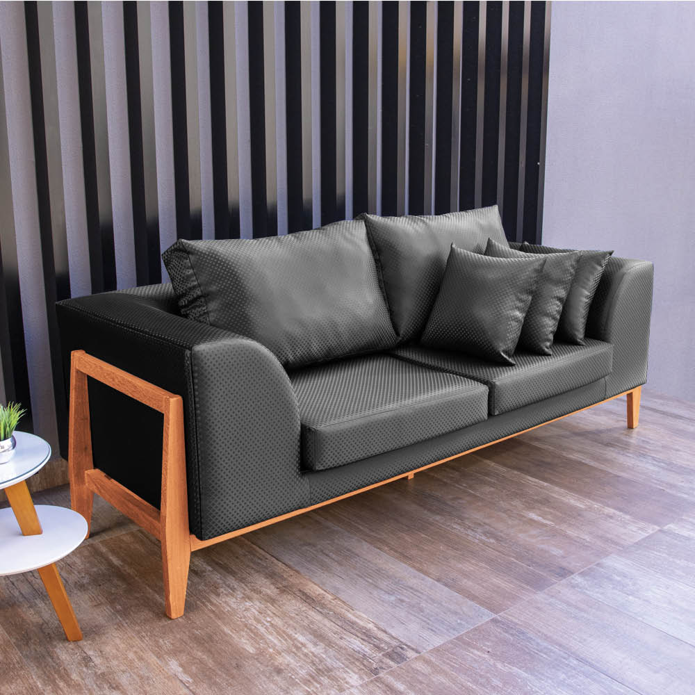 Sofa 02 Lugares Lucy 2,25m Facto Escama Preto Base Madeira - D'Rossi