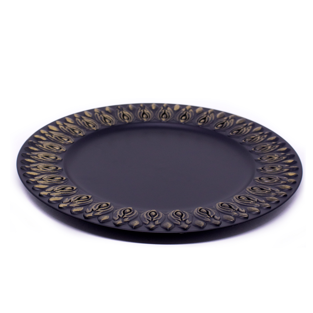 Sousplat Para Prato De Mesa Decorativo Preto Com Flores Em Dourado 33 cm - D'Rossi