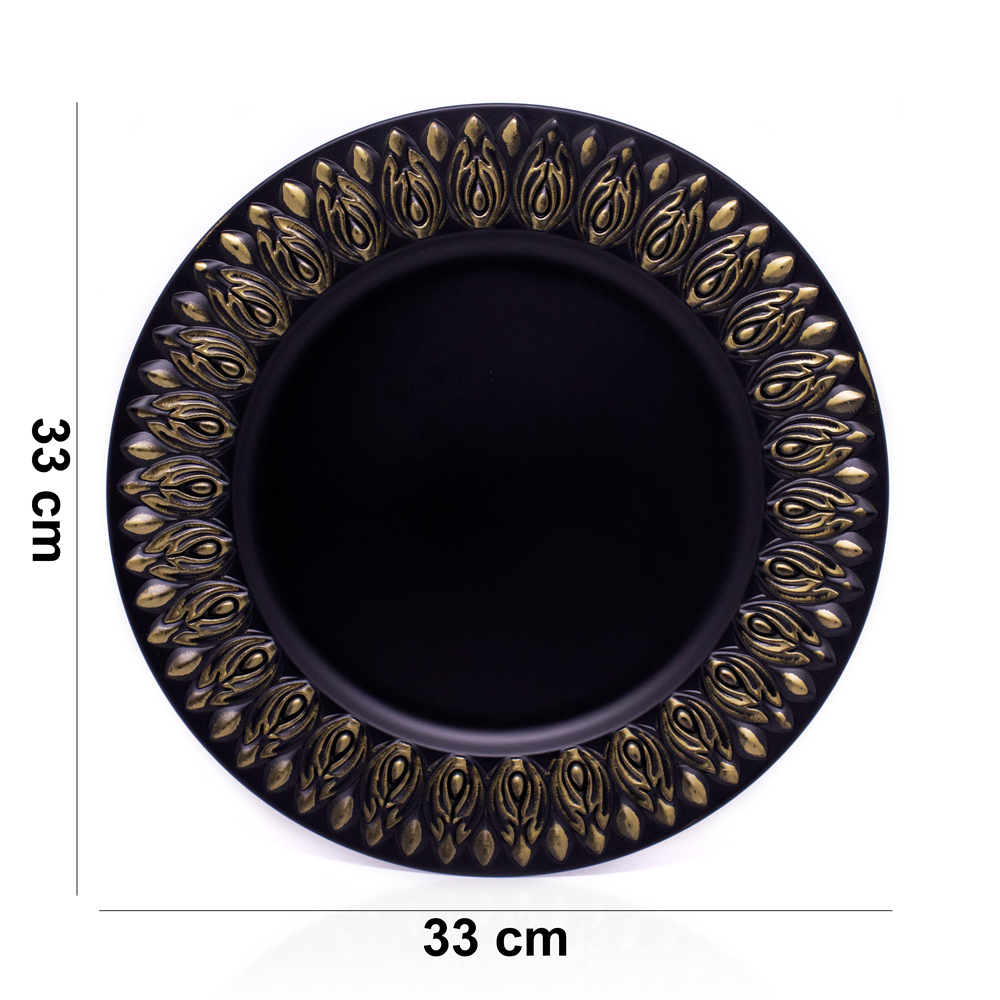 Sousplat Para Prato De Mesa Decorativo Preto Com Flores Em Dourado 33 cm - D'Rossi