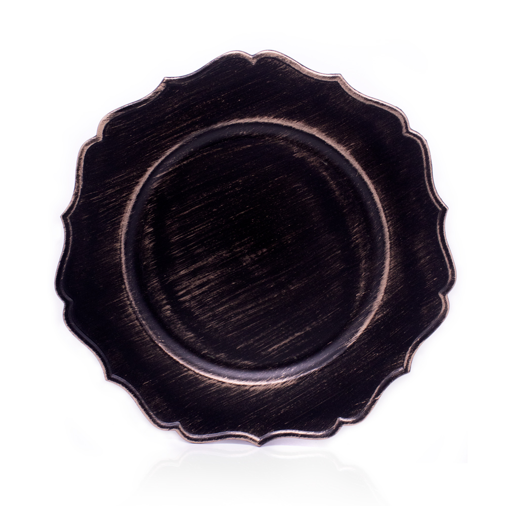 Sousplat Para Prato De Mesa Decorativo Preto e Dourado Com Bordas Irregular 33 cm - D'Rossi