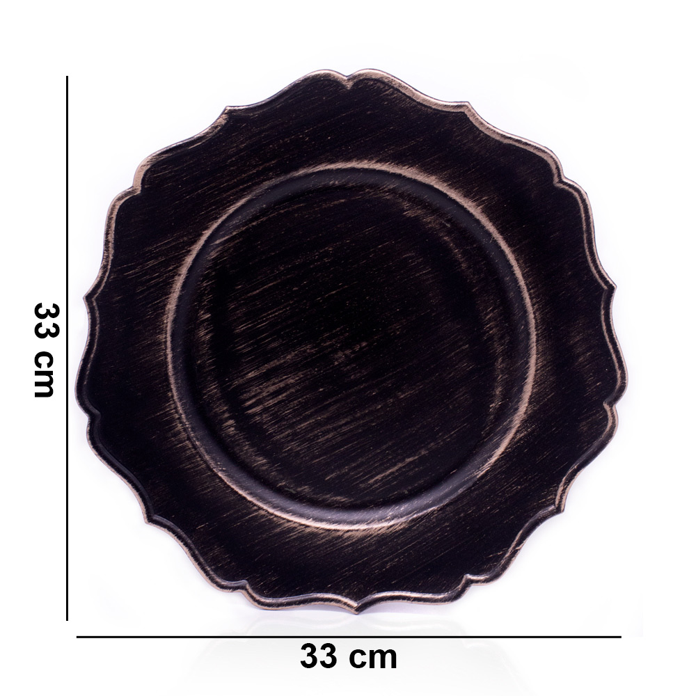 Sousplat Para Prato De Mesa Decorativo Preto e Dourado Com Bordas Irregular 33 cm - D'Rossi