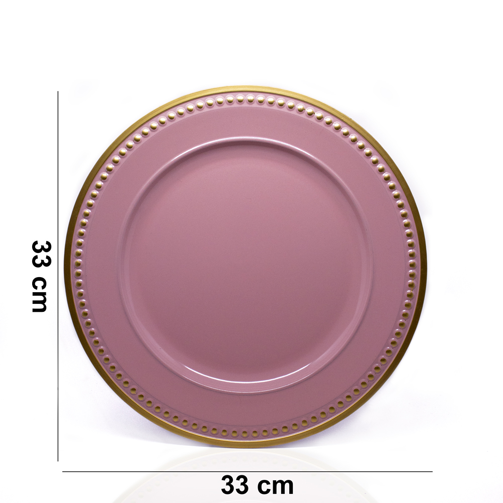 Sousplat Para Prato De Mesa Decorativo Rosa Com Detalhes em Dourado 33 cm - D'Rossi