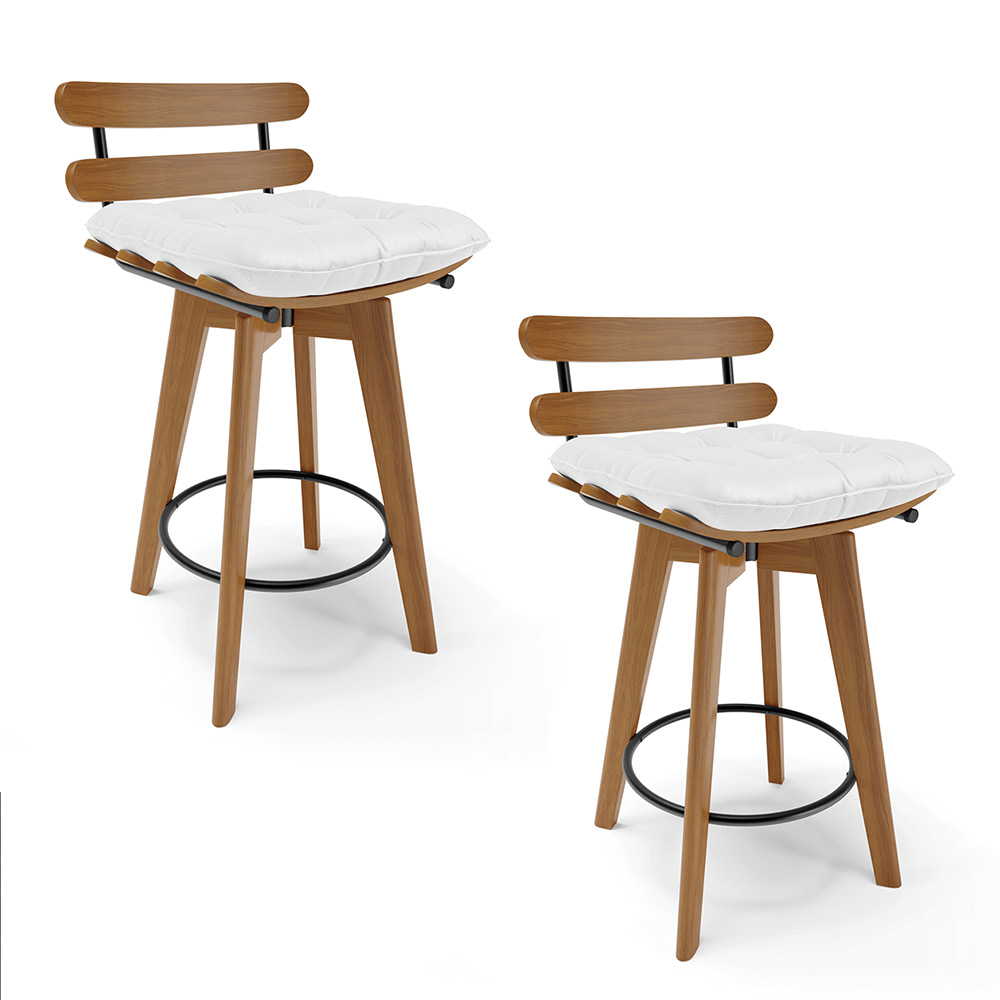 kit 02 Banquetas Giratória Costela Corino Branco Base Madeira MA70 - D'Rossi