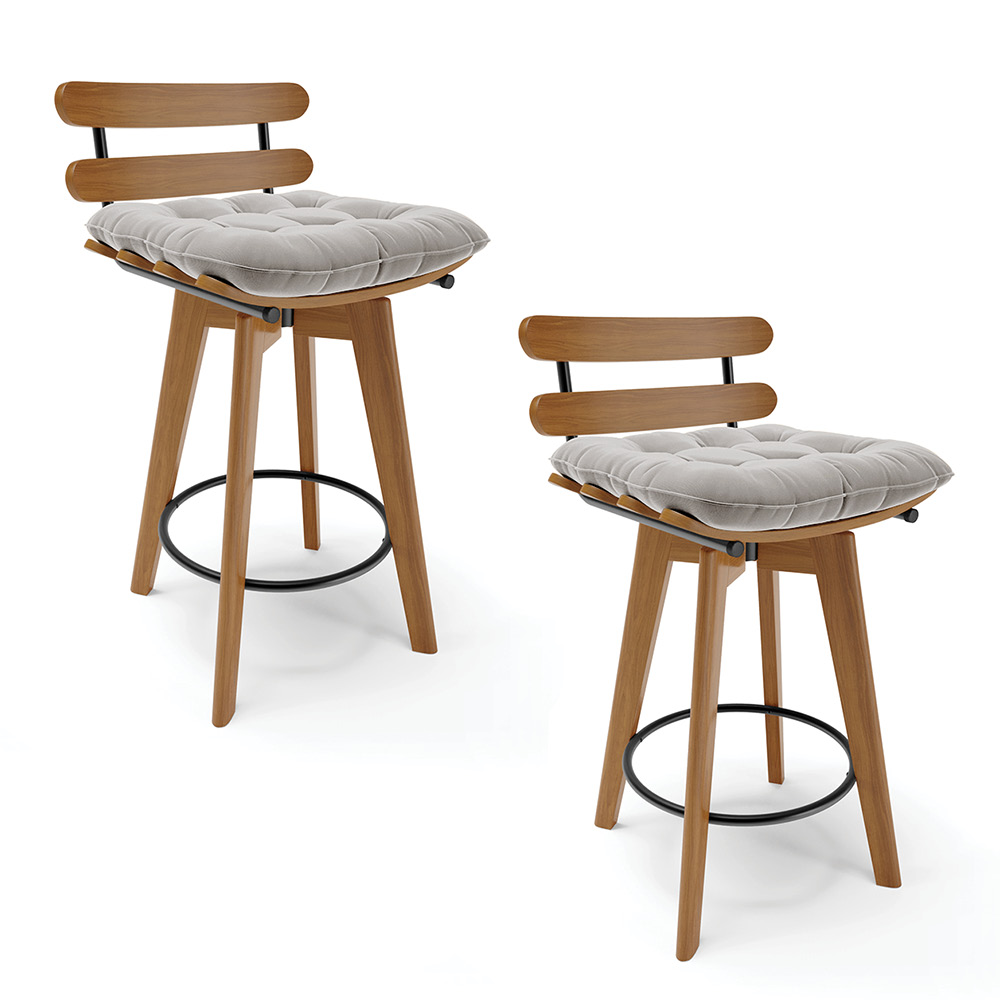 kit 02 Banquetas Giratória Costela Veludo Cinza Base Madeira MA70 - D'Rossi