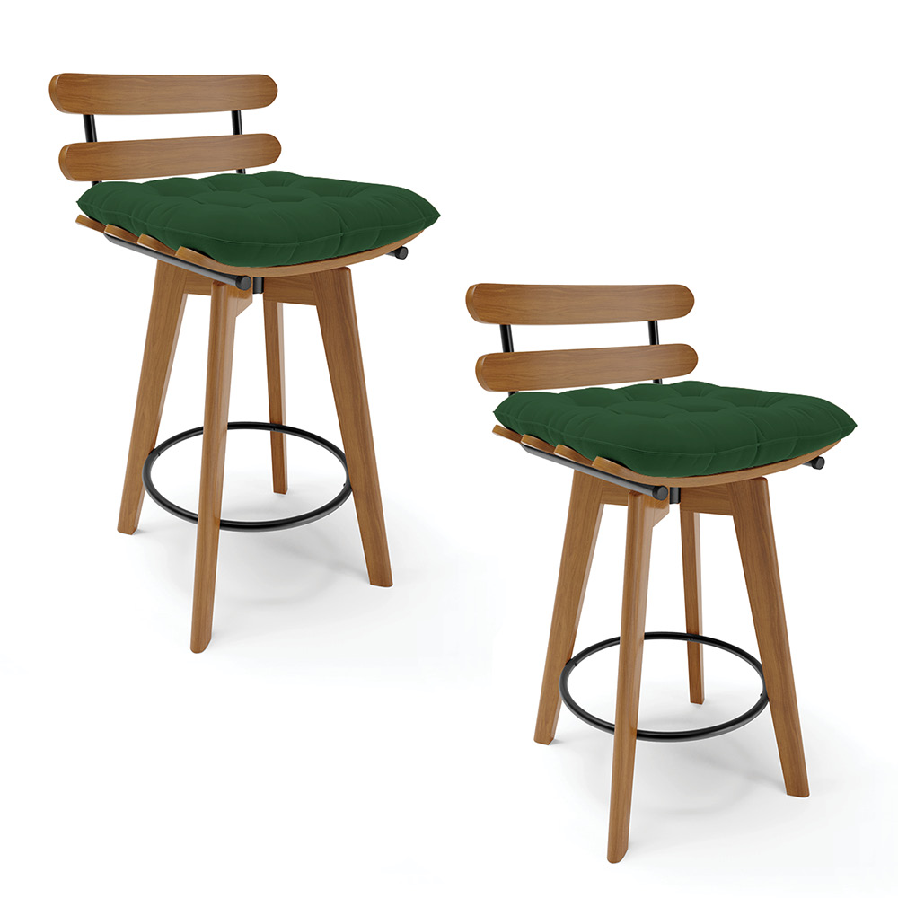 kit 02 Banquetas Giratória Costela Veludo Verde Base Madeira MA70 - D'Rossi