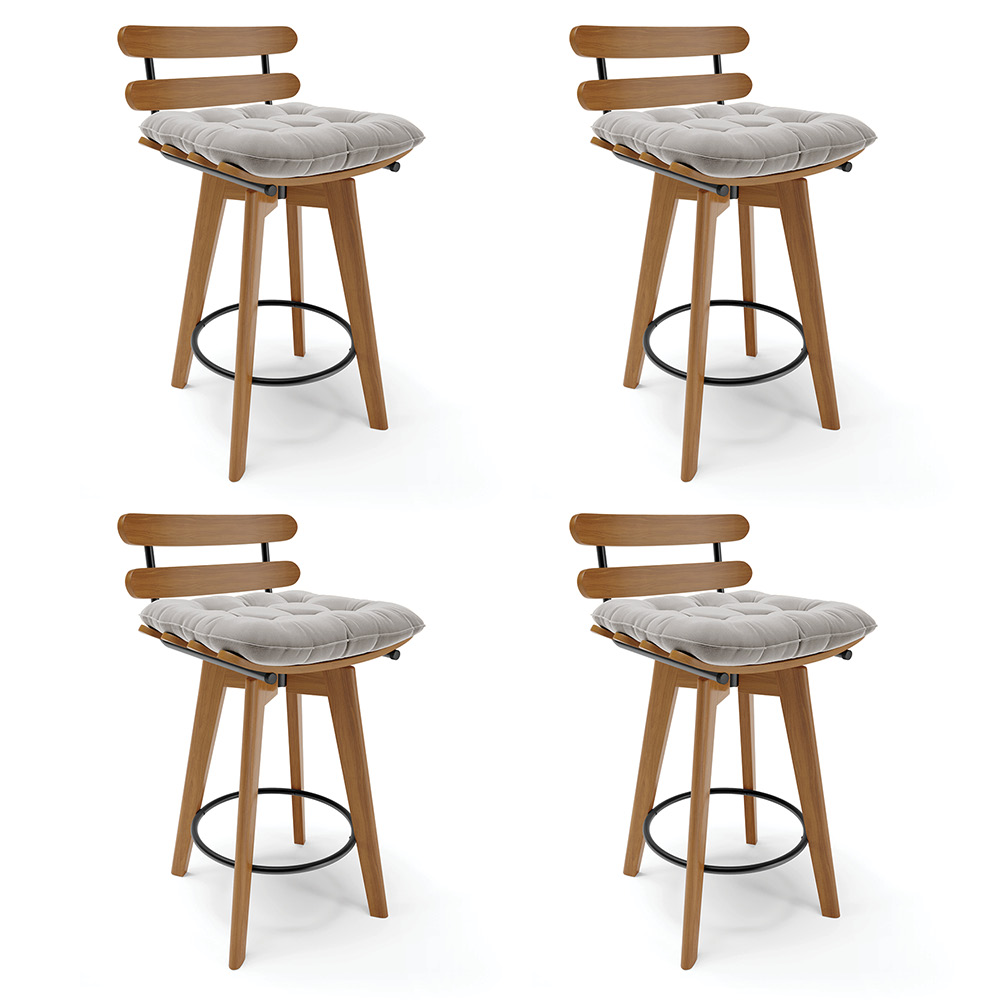 kit 04 Banquetas Giratória Costela Veludo Cinza Base Madeira MA70 - D'Rossi